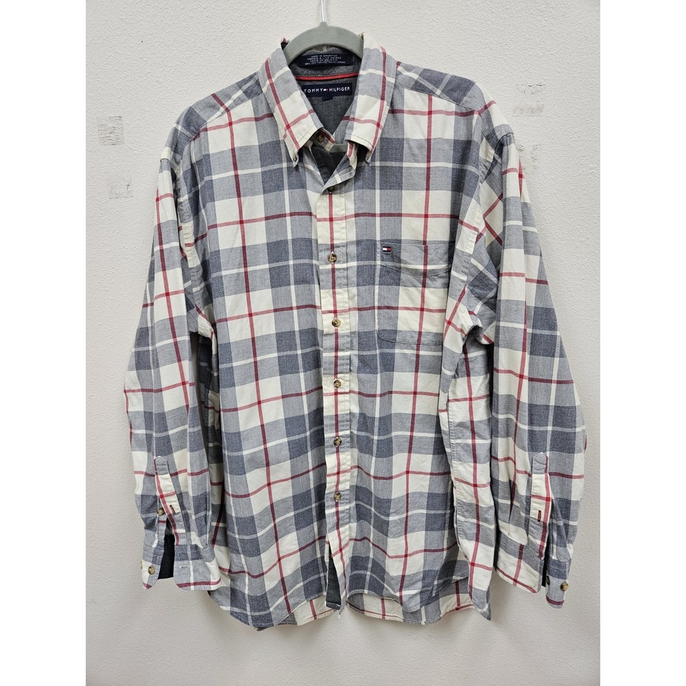 Tommy Hilfiger Shirt Men Large Plaid Long Sleeve